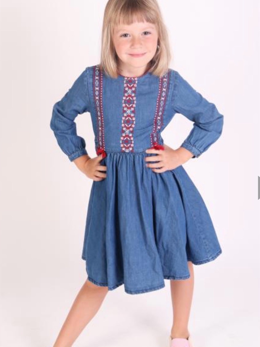 Girls' Denim Blue Embroidered Casual Dress